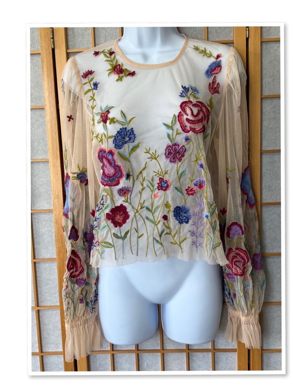 Anthropologie Layla Long Sleeve Appliqué Mesh Blouse